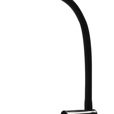 Base e faretto in acciaio inox lucidato. Braccio snodato rivestito in silicone nero.Completo di presa USB sulla base. Accensione a sfioramento sulla testa.