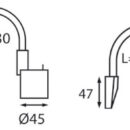 Braccio flessibile in metallo e inserto lampada inclinabile. Passa dalla luce bianca a quella rossa con un semplice tocco.