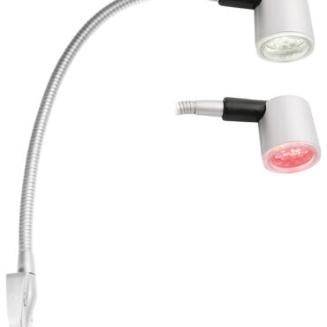 Braccio flessibile in metallo e inserto lampada inclinabile. Passa dalla luce bianca a quella rossa con un semplice tocco.