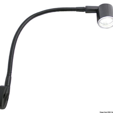 Braccio flessibile in metallo e inserto lampada inclinabile. Passa dalla luce bianca a quella rossa con un semplice tocco.