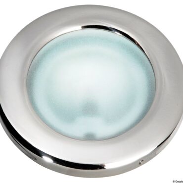 Corpo in alluminio rivestito con resina epossidica bianca, ghiera in acciaio inox. Lente in vetro satinato. Fissaggio tramite viti nascoste dal frontalino.