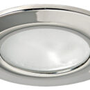 Corpo in acciaio inox. Lente in vetro satinato. Sistema di fissaggio con molle interne.