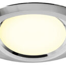 Carcassa in lega leggera cromata, accessori in acciaio inox. Lente in policarbonato. LED 3030, luce calda.