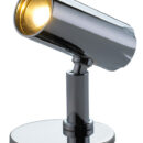 Corpo in acciaio inox lucidato a specchio, testa in alluminio cromato. Interruttore sul retro della testa.