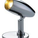 Corpo in acciaio inox lucidato a specchio, testa in alluminio cromato. Interruttore sul retro della testa.