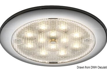 Corpo in acciaio inox. Si comanda tramite il pulsante centrale: primo scatto = luce bianca; secondo scatto = luce colorata. Fissaggio tramite viti nascoste dal frontalino.