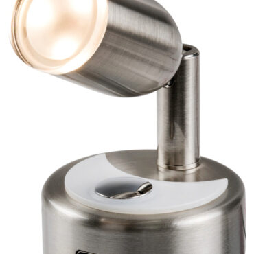 Completo di presa USB-C, 2 A.Interruttore touch ON-OFF con luce blu notturna e dimmer per regolare l'intensità luminosa.Materiale: alluminio con finitura tipo acciaio inox satinato.