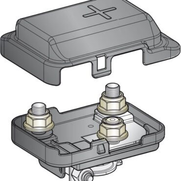 Box in termoplastica con coperchio, da utilizzare sul polo positivo batteria.Completare con fusibile MEGA. Portata max 200 A.