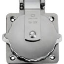 Presa con corpo in Luran resistente UV, copertura posteriore protezione cavi, contatti in ottone argentato.Voltaggio 220/110. Amperaggio max 30 A.