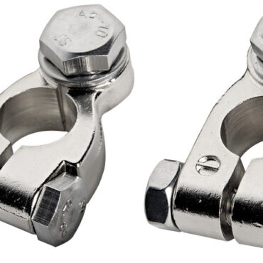 Costruiti in ottone nichelato con bulloneria in acciaio inox. Perni fissaggio + e - differenziati per evitare l'inversione dei cavi.