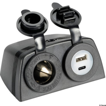 Fabbricate in nylon con cappuccio di protezione per renderle impermeabili. Ingresso 12/24 V. Uscita USB 5V.