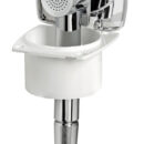 Doccia in ABS cromato, vano di allaggiamento bianco in ASA UV resistente.