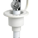 In ottone cromato con supporto ad incasso in ASA UV resistente, completo di cappuccio in PVC bianco a tenuta stagna. Sporgenza interna 45 mm.