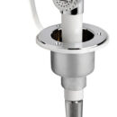 In ottone cromato con supporto ad incasso in ASA UV resistente, completo di cappuccio in PVC bianco a tenuta stagna. Sporgenza interna 45 mm.