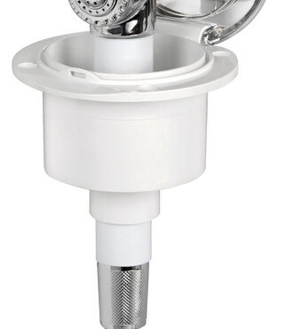 Doccia in ottone cromato, vano di alloggiamento bianco in ASA UV resistente.