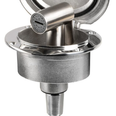 Vano doccia in acciaio inox AISI 316 con sportello autoreggente. Dotato di doccia Tiger in acciaio inox e boccola interna in gomma antivibrante.