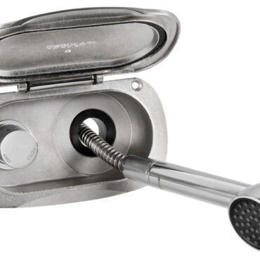 Vano doccia in acciaio inox AISI 316 con sportello autoreggente/frizionato. Doccetta Keji II Continuum Flow in ottone cromato e testa maggiorata. Boccola interna antivibrante. Miscelatore a pomello cilindrico. Ideale per abbinamento con palo Rocky 15.480.20.