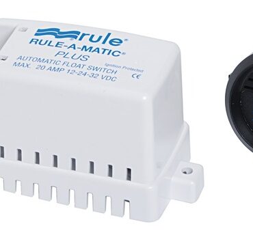 Formato da un automatismo per pompe modello Rule-A-Matic-Plus + strumento circolare da incasso che informa con un segnale acustico da 85 db + allarme ottico della presenza di acqua.