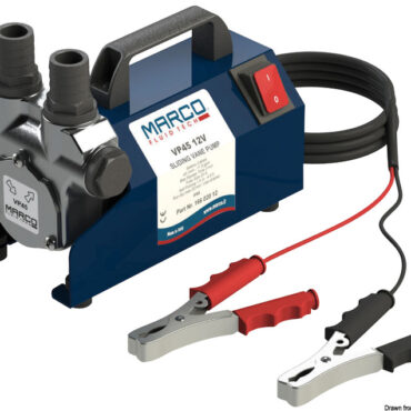 Girante a palette. Corpo alluminio con attacco rapido per tubo 25 mm. Carter con maniglia, interruttore ON/OFF, pinze batteria. Completa di filtro EMI. La pompa è adatta per travasi da un serbatoio all'altro.