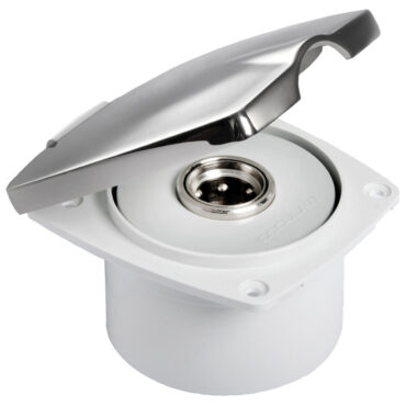 Si collega alla rete idrica di bordo (acqua dolce) o alla pompa Washdown (acqua salata) e mantiene in pressione la linea. Il tubo di lavaggio si innesta a scatto nella presa e fa automaticamente partire la pompa. Box in ASA resistente agli UV, meccanismo in ottone cromato.