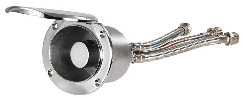 Vano doccia in acciaio inox AISI 316 e sportello autoreggente. Dotato di miscelatore a pomello cilindrico.