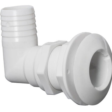 In plastica bianca, con portagomma a 90°, come da norma CE solo per un impiego sopra la linea di galleggiamento