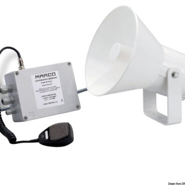 Tromba elettronica dal facile montaggio, in quanto basta portare due fili dal corno alla centralina. Munita di staffa da supporto in acciaio inox lucidato. Provvista di un dispositivo amplificatore di voce per trasmettere messaggi vocali + segnale automatico da nebbia + entrata VHF, completa di microfono. Omologata RINA per scafi da diporto e da lavoro da 12 a 20 m.