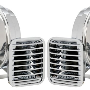 Corpo in ABS cromato con supporto in acciaio inox lucidato a specchio. Potenza singola tromba 115 + - 5 dB.