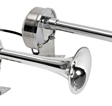 Corpo in acciaio inox lucidato a specchio e corno in ABS cromato. Suono singolo o bitonale.