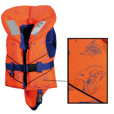 Fabbricato con morbido espanso, cerniera frontale e fibbia a sgancio rapido. Completo di fischietto e nastri retroriflettenti. Collo modulare per una maggiore protezione della testa. Obbligatorio come dotazione di bordo entro le 3 e 6 miglia