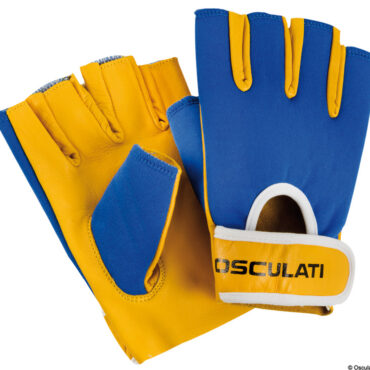 Con palmo in fiore di pelle trattata di color nocciola e dorso in tessuto di nylon blu elasticizzato, di forte spessore. Chiusura al polsino con strappo, particolarmente adatti per surf e sci nautico.