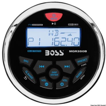 Radio AM/FM con sistema RDS. Ingressi USB e AUX 3,5 mm sul retro (collocabili in plancia mediante accessorio 29.530.08).Connessione Bluetooth per audio streaming; display TFT matrice attiva, protezione IPX6. Potenza RMS 150 W, picco 63 W per canale.Alimentazione 12 V, assorbimento 15 A. Diametro foro 76 mm, profondità incasso 111 mm.