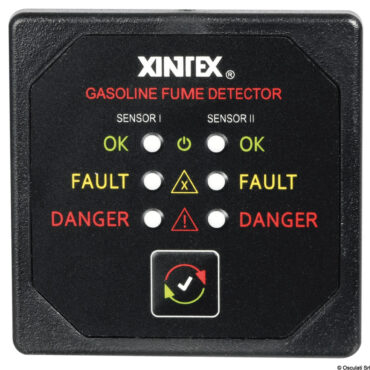 Completo di 2 sensori da posizionare in sentina. Allarme sonoro da 68 dBA + ottico con LED rosso.Pulsante di controllo TEST-SILENCE. Fornito con due cavi da 6 m.