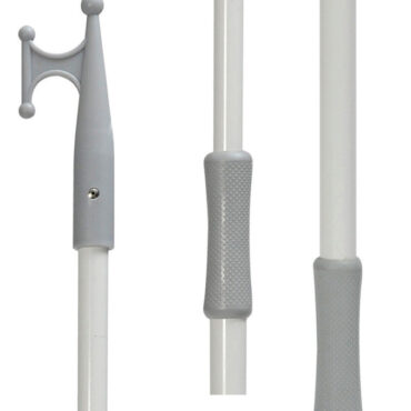 Gancio in nylon grigio, manico in alluminio verniciato con resine epossidiche e doppia impugnatura.