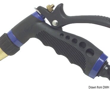 Modello professionale in metallo rivestito in gomma antiurto. Getto regolabile con blocco/sblocco leva evaporazione. Completa di raccordo a scatto 36.189.01.