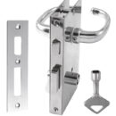 Serrature in ottone cromato da infilare, per porte spessore 15 mm, complete di scontro, coppia placche inox e coppia maniglie 84 mm.