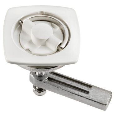 In nylon + acciaio inox. Fissaggio con due viti su pannelli spessore mm 6-16, completo di fermo a scatto.