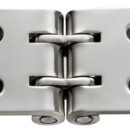 In acciaio Inox AISI 316L lucidata a specchio. Applicabile sul bordo tavolo (spessore min. 19mm).Progettata e realizzata per aver il minor gioco possibile ed ottenere una ribaltina stabile ferma.