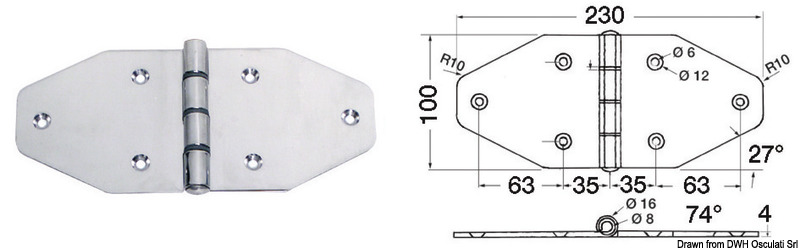 Maxi cerniere in acciaio inox AISI 316 lucidato a specchio, asse 8 mm.