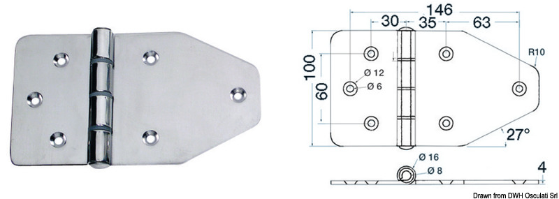 Maxi cerniere in acciaio inox AISI 316 lucidato a specchio, asse 8 mm.