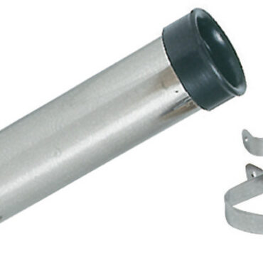 In acciaio inox, fissaggio con 2 fascette, boccola interna in PVC anti-usura.