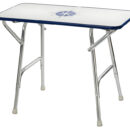 Struttura tubo alluminio anodizzato Ø 25 mm. Ripiano bianco con decoro, spessore 16 mm.