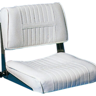 Realizzato in skay elastico bianco listellato con interno di moltopren e telaio in compensato marino. Cerniera in acciaio inox. E’ adatto sia per posto di guida sui cabinati, sia come sedile da panchetta per scafi aperti e gommoni.