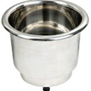 Realizzata in acciaio inox. Doppio diametro per contenere bottiglie e nuove lattine; foro di drenaggio con portagomma collegabile opzionalmente; morbido PVC sul fondo; bordo lucidato a specchio. Fornito con guarnizione autoadesiva per cui non necessita siliconatura velocizzando il montaggio.