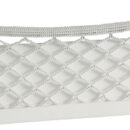 Telaio in ABS bianco, con rete elestica in nylon intrecciato. Dorso autoadesivo, oppure da fissare con 4 viti.