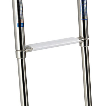 Realizzata in acciaio inox lucidato a specchio. Gradini ovali con pedana in plastica bianca.