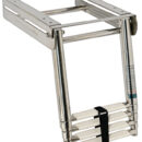 Completamente in acciaio inox lucidato a specchio. Gradini ovali con pedana in plastica bianca, versione con fermo frontale scatolato della parte sfilabile.