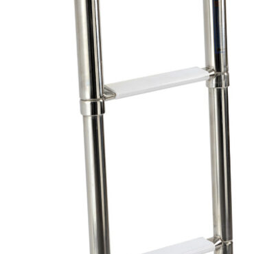 Realizzata in acciaio inox lucidato a specchio. Gradini ovali con pedana in plastica bianca.