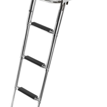 Maniglia di risalta integrata e sistema di blocco antivibrazione. In acciaio inox AISI316, con gradini larghi 57 mm per un maggior comfort. Interasse tubi 305 mm.