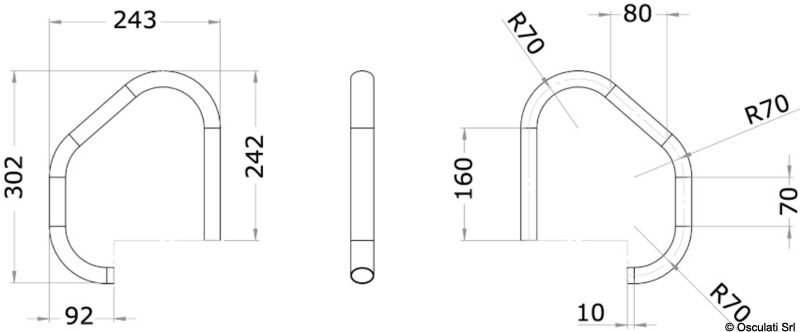 Maniglia di risalita a sezione ovale, per una maggiore comodità di presa.Da installare tramite prigionieri o piastrine vicino alla scaletta, realizzata in acciaio inox 316 lucidato a specchio.Pezzo venduto singolarmente (per la coppia, ordinare n.2 pezzi).